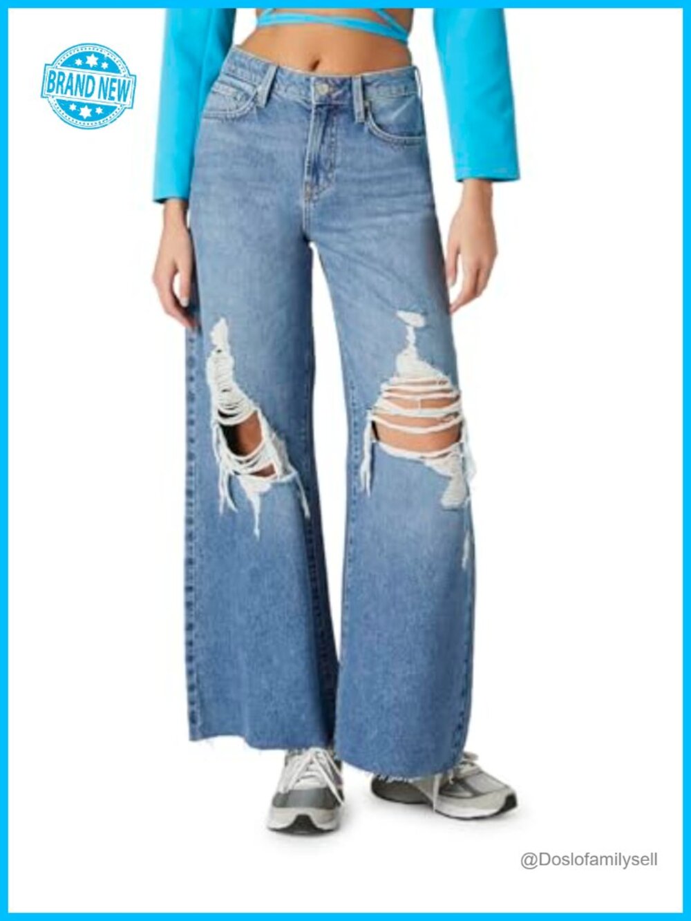 Recycled Cotton Wide-Leg High Rise Distressed Raw Hem Jeans
